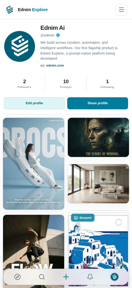 Ednim Explore mobile profile and feed